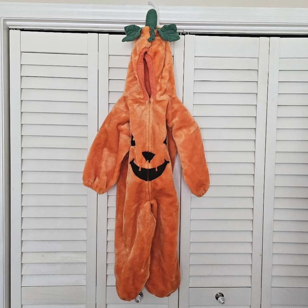 Vintage Chrisha Pumpkin Costume Child Ages 4-6 One Piece Zip Front Orange Plush